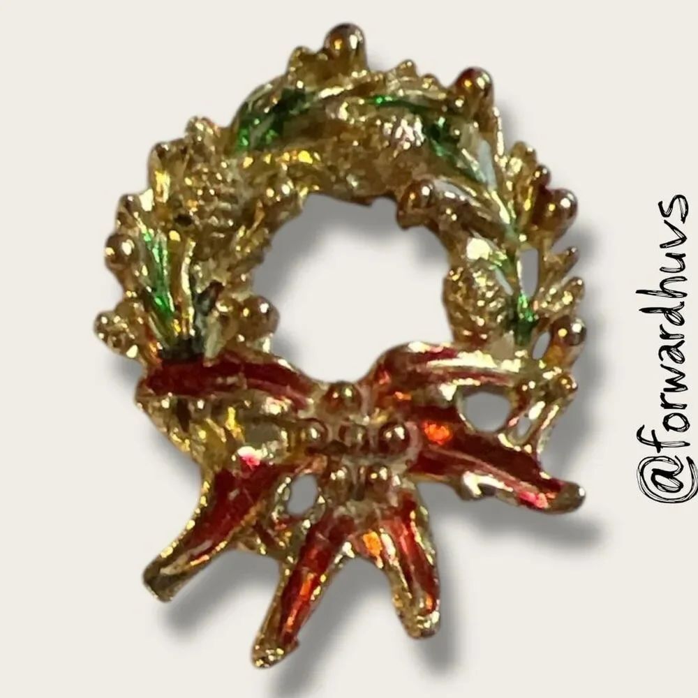 Bundle Sale 3 for $15 | Holiday Wreath Brooch – Red Bow – Acceptable Condition